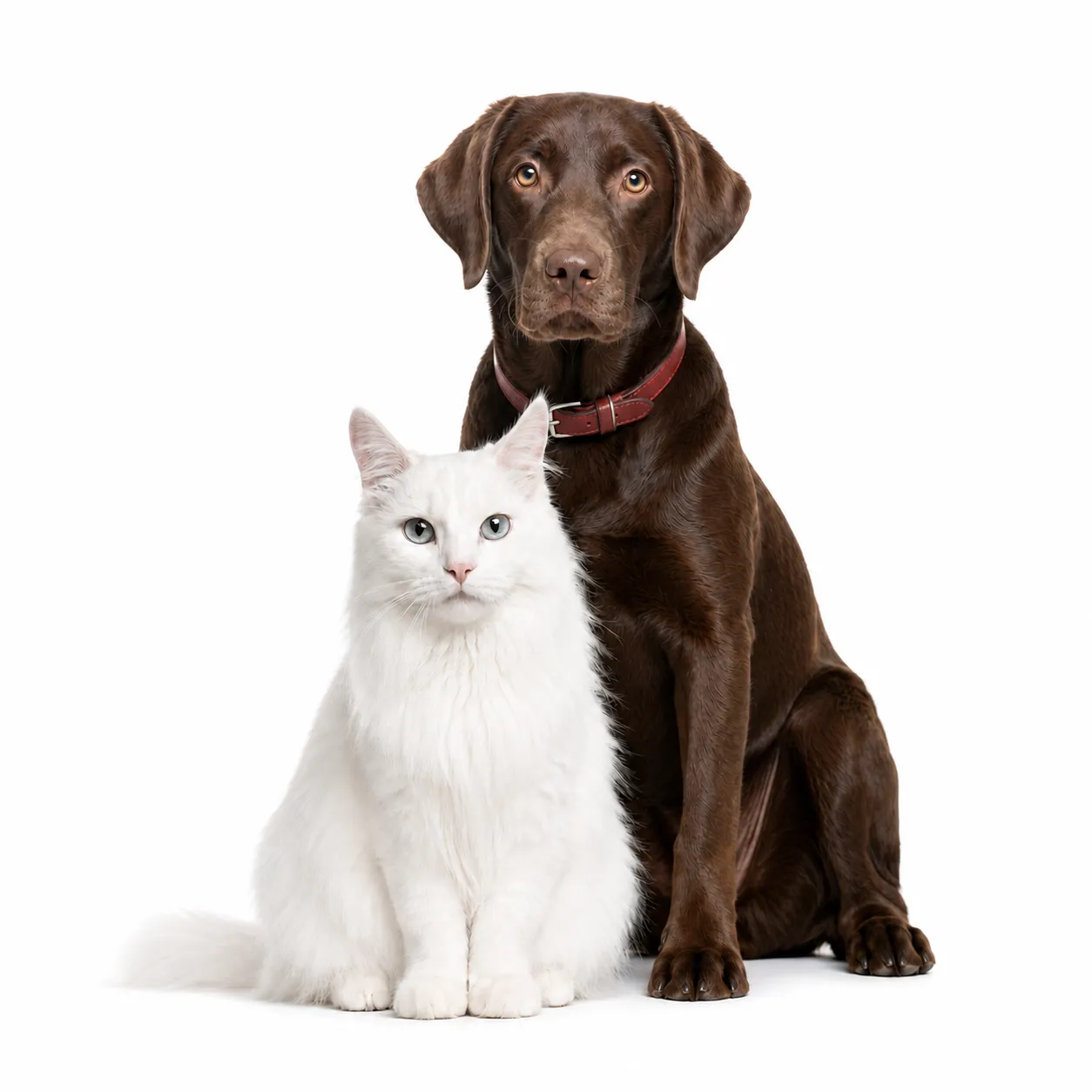 Perro labrador y gato blanco juntos
