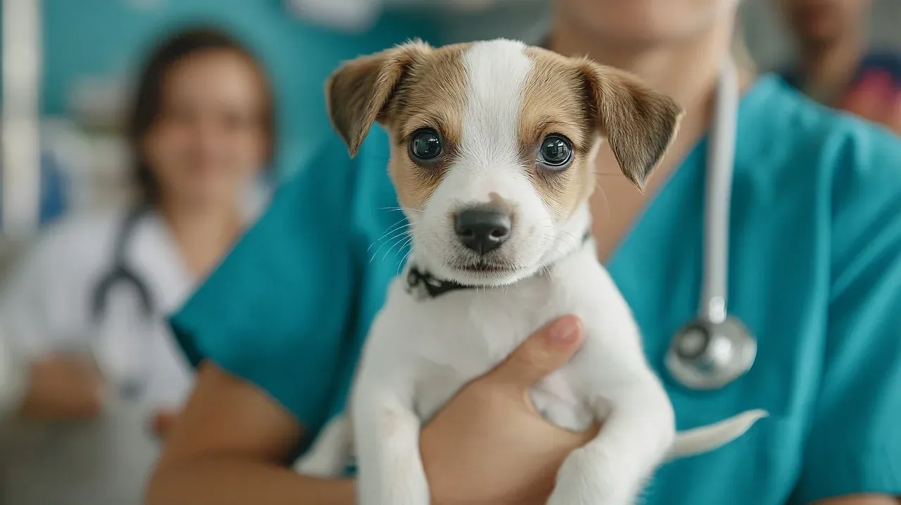 Cachorro sostenido por personal veterinario