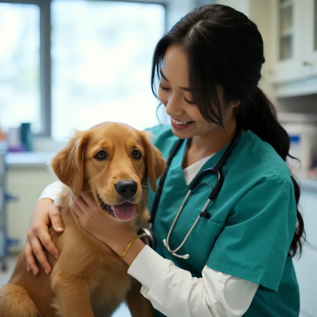 Profesional veterinaria acompañando a un perro